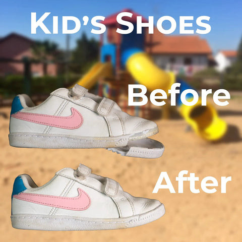 Before and after repair of kid's white sneakers with pink Swoosh using Black Professional Grade Adhesive For Boots, Shoes, Sandals, Sneakers, And Handbags Grab And Go Quick Bond In Seconds No Clamp Needed 0.7 Oz Footwear Glue For All Materials.
