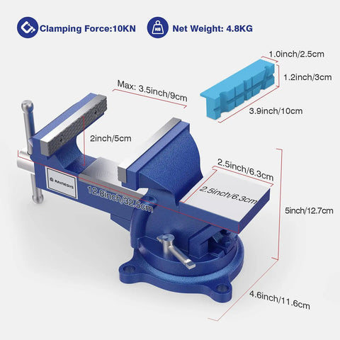 Illustrated details of 4 Inch Bench Vise With 360 Degree Swivel Base, Ductile Cast Iron Heavy Duty Vise For Home Workshop, dimensions shown.