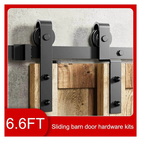 Bypass Sliding Barn Door Hardware Kit 6.6 Feet Rustic Single Track For Double Doors With Classic Design Rollers on Wooden Door