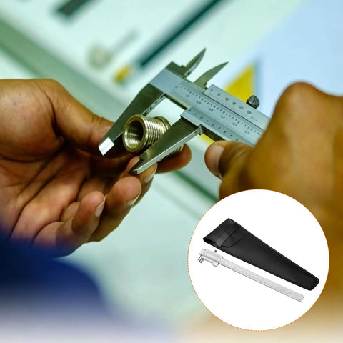 Vernier Caliper 0-8 Inch Dual Scale Stainless Steel With Carbide Scriber measuring metal component, with included case