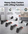 Tough As Nails Heavy Duty Workbench Casters With Three Inch Polyurethane Wheels And Retractable Pull Pins Featuring Smart Auto Lifting For Hassle Free Rollout showing four dual-wheel casters with lifting function.