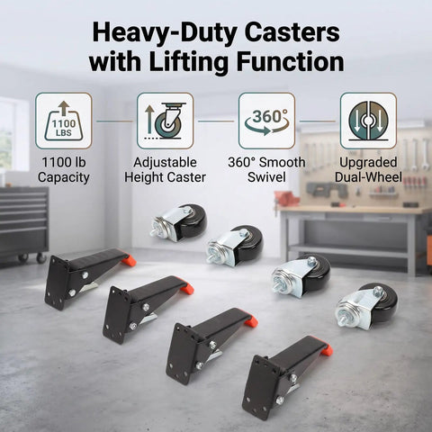 Tough As Nails Heavy Duty Workbench Casters With Three Inch Polyurethane Wheels And Retractable Pull Pins Featuring Smart Auto Lifting For Hassle Free Rollout showing four dual-wheel casters with lifting function.
