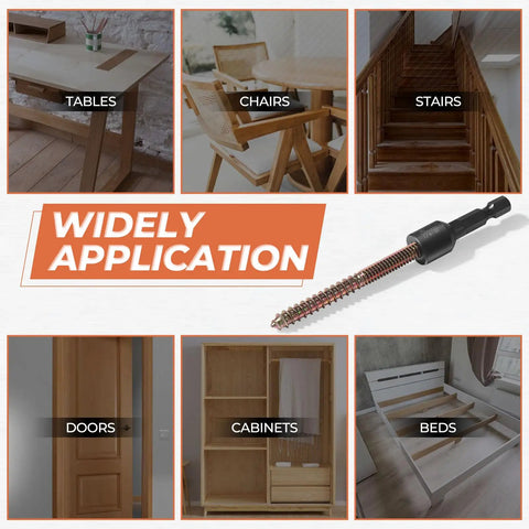 16 Pack One Quarter By Two Inch Hanger Bolts With Driver Bit Heavy Duty Threaded Fastener Kit For Furniture Build Out And Diy Projects No Sweat Assembly Rock Solid Grip Every Time shown with applications in tables, chairs, stairs, doors, cabinets, and beds.