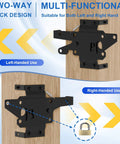 Pro Grade Self Closing Gate Hardware Kit With Heavy Duty Hinges And Latch For Wooden Vinyl PVC Fence Gates Built Tough And Ready Adjustable Post Mount Hinges And Self Locking Gate Latch For Inward Or Outward Swings Includes Two Hinges And One Latch, shown installed on wooden surface for left and right hand use.