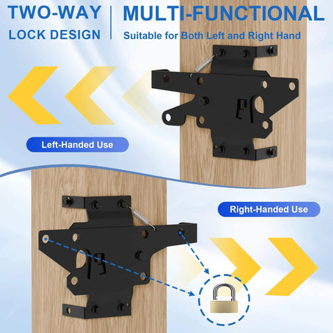 Pro Grade Self Closing Gate Hardware Kit With Heavy Duty Hinges And Latch For Wooden Vinyl PVC Fence Gates Built Tough And Ready Adjustable Post Mount Hinges And Self Locking Gate Latch For Inward Or Outward Swings Includes Two Hinges And One Latch, shown installed on wooden surface for left and right hand use.