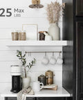 Floating Bathroom Shelves Over Toilet Set Of 2 In White MDF With Steel Brackets, styled with decor, 25 lbs capacity.