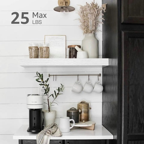Floating Bathroom Shelves Over Toilet Set Of 2 In White MDF With Steel Brackets, styled with decor, 25 lbs capacity.