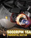 Heavy Duty 10 Inch Compound Miter Saw Boasting A Beefy 15 Amp Motor Cruising At 5000 Rpm For Silky Smooth Cuts On Wood Metal Plastic And Laminates Featuring Single Bevel 0 To 45 Degree Angles Wide Extension Table Plus 36 T Blade, showing powerful motor details.