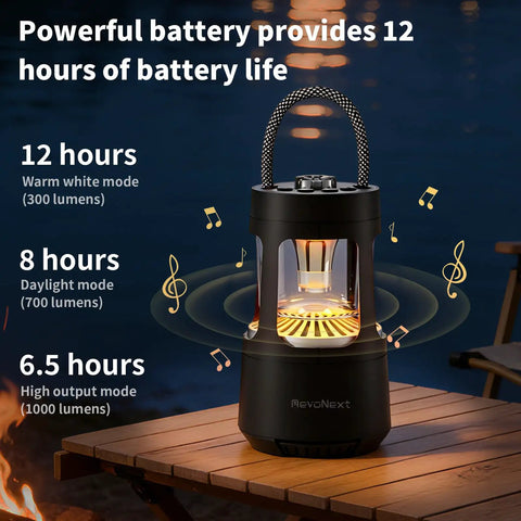 Outdoor Camping Lantern With Built In Bluetooth Speaker And Waterproof Shell Dual Color Ambient Lighting on wooden table