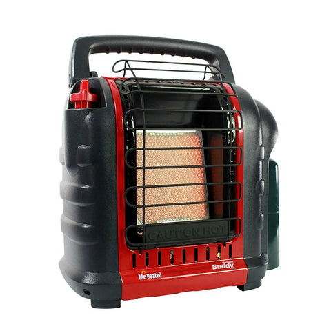 Portable Buddy Heater Bundle With 10 Feet Propane Hose Assembly For Indoor Outdoor Use 4000 To 9000 BTU Radiant Heater Ideal For Garages And Cabins Up To 225 Sq Ft showing front view with protective grille