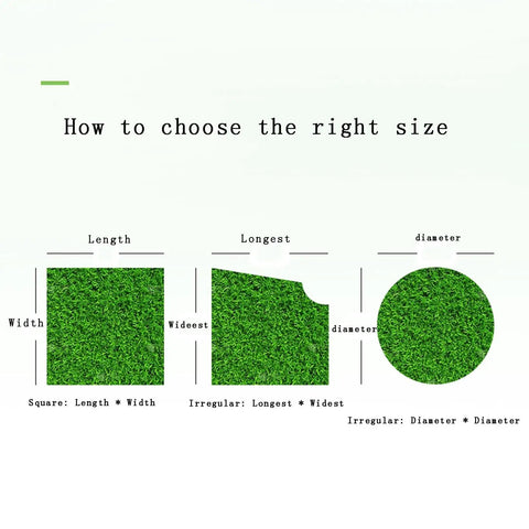 Graphic showing size selection for Realistic Outdoor Artificial Grass Lawn Turf Mat for Patio and Garden, various shapes depicted
