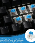 50 Pack Pre Lubricated 3-Pin Tactile Keyboard Switches Blue For Mechanical Keyboards Smooth Actuation Crisp Rebound Dope Feel Easy Install Ideal For Custom Builds And 3D Printed Keyboard Projects. Close-up on blue tactile switches in a black MX keyboard