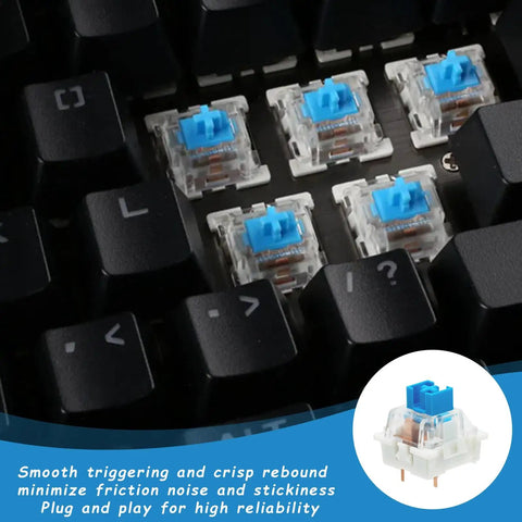 50 Pack Pre Lubricated 3-Pin Tactile Keyboard Switches Blue For Mechanical Keyboards Smooth Actuation Crisp Rebound Dope Feel Easy Install Ideal For Custom Builds And 3D Printed Keyboard Projects. Close-up on blue tactile switches in a black MX keyboard