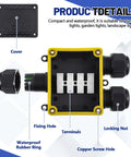 Waterproof IP68 Outdoor Junction Box 4 Pack showing inner terminals, fixing hole, locking nut, rubber ring, black plastic cover