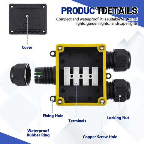 Waterproof IP68 Outdoor Junction Box 4 Pack showing inner terminals, fixing hole, locking nut, rubber ring, black plastic cover