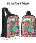 Flame Bird Camping Sling Bag For Men And Women with flamingo and RV print, dual compartment, water resistant Oxford fabric, front view