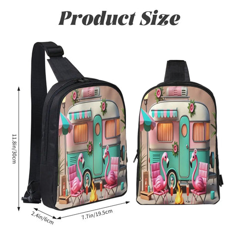 Flame Bird Camping Sling Bag For Men And Women with flamingo and RV print, dual compartment, water resistant Oxford fabric, front view