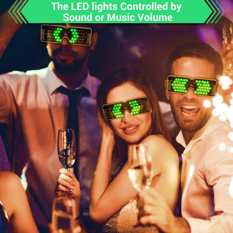 Partygoers wearing DIY Voice Activated LED Glasses Kit With Battery, Soldering Practice For STEM Learning, enjoying festive lights.