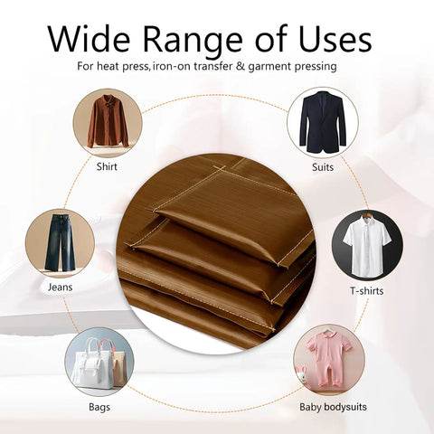 Nonstick PTFE Heat Press Pillow Set For Screen Printing And HTV Sublimation, Heat Resistant Up To 428F, shown with clothing uses