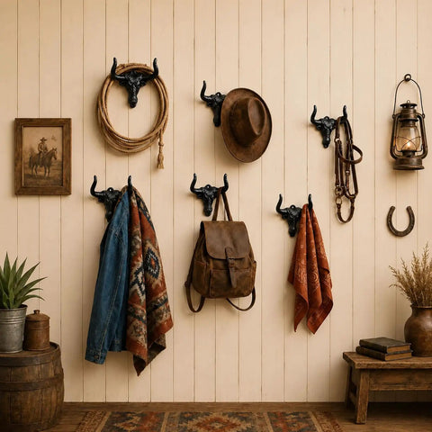 Rustic decor featuring Built Tough 4 Pack Western Bull Horn Hat Hooks In Matte Black Cast Iron Wall Rack with hats and jackets.