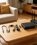 Premium Adjustable DC Ups Battery Backup For Home Routers Modems And Security Cameras With Smart Chip Management and plug and play setup on table.