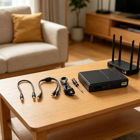 Premium Adjustable DC Ups Battery Backup For Home Routers Modems And Security Cameras With Smart Chip Management and plug and play setup on table.