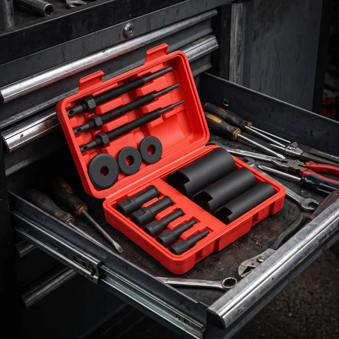 Hefty 14 Piece Inner Bearing Removal Puller Tool Kit For Grease Monkeys And Home Shed Builders With Red Carrying Case Designed For Tough Motorcycle Repairs Or Heavy Duty Service Work On Your Rig With Reliable Performance Every Single Day. 45# steel puller set in red case