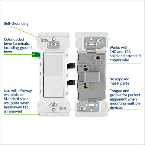 Lever Edge 15 Amp Single Pole Rocker Switch 10 Pack White Model E5601 MW showing features and wire compatibility