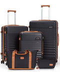 5 piece travel luggage set with ABS hardshell, wheels, and TSA lock, including carry-on, medium, large suitcase, duffel, and toiletry bag.