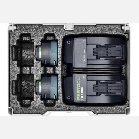 Energy Set 18V 2x5Ah Battery Pack With TCL 6 Duo Charger for cordless tools in foam case, top view