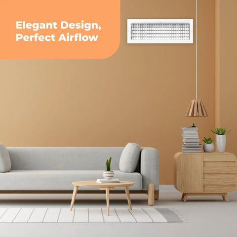 Living room with No Hassle Duct Opening Heater Vent Deflector Wall Grille, adjustable front blades, white rustproof vent cover.