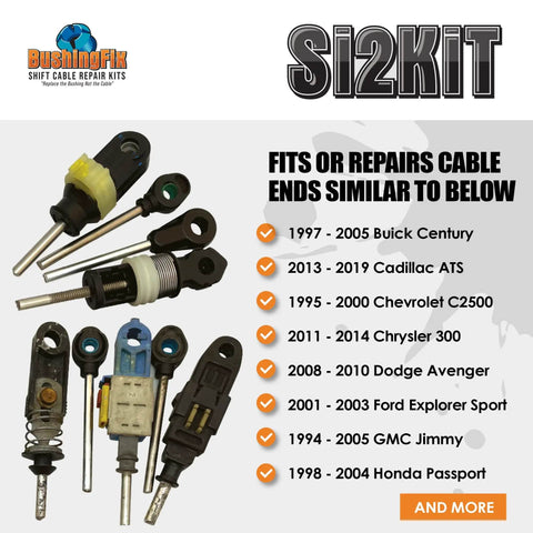 Si2Kit Automatic Transmission Shift Cable Bushing Repair Kit for cars like Buick, Cadillac, Chevrolet shown with compatibility list.