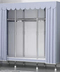 Hella Spacious Portable Canvas Wardrobe Slick Fabric Clothes Closet With Heavy Duty Hanging Rod Double Shelf Racks And Roomy Organizers For Large Bedroom side view of light blue fabric wardrobe with curtains and hanging rods