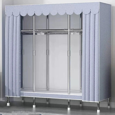 Hella Spacious Portable Canvas Wardrobe Slick Fabric Clothes Closet With Heavy Duty Hanging Rod Double Shelf Racks And Roomy Organizers For Large Bedroom side view of light blue fabric wardrobe with curtains and hanging rods