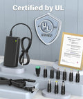 Versatile 14V 56W Power Supply Charger With 10 DC Jacks, Plug And Play, Adjustable 4A 3A 2A 1A Output, UL Listed, Energy Efficiency VI, Regulated Adapter With Built In Short Circuit, Overcurrent, Overvoltage And Over Temperature Protection. UL listed black adapter with 10 DC jacks and power cord