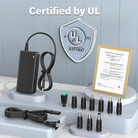 Versatile 14V 56W Power Supply Charger With 10 DC Jacks, Plug And Play, Adjustable 4A 3A 2A 1A Output, UL Listed, Energy Efficiency VI, Regulated Adapter With Built In Short Circuit, Overcurrent, Overvoltage And Over Temperature Protection. UL listed black adapter with 10 DC jacks and power cord