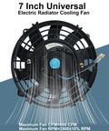Universal 7 Inch Slim Radiator Cooling Fan With Ten Rugged Blades And 12 Volt Electric Push Pull Layout, front view with cooling blades.