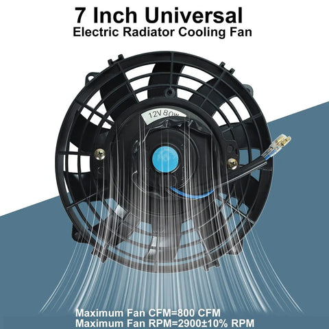 Universal 7 Inch Slim Radiator Cooling Fan With Ten Rugged Blades And 12 Volt Electric Push Pull Layout, front view with cooling blades.