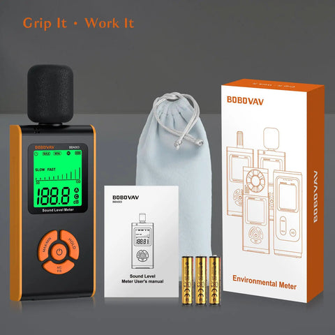 Your Go To Portable Sound Level Meter With A Weighted Measurement And Fast And Slow Response For 30 To 130 Decibels, Backlit LCD, Real Time Readout, High Accuracy, Ideal For Home Office School And Factory, black handheld unit with accessories