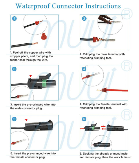 Step-by-step instructions on using the 10 Pack 2 Pin Weather Pack Connector Set For 20-14 AWG Wire Harness 2.5mm Series Automotive Electrical Plugs Waterproof Male And Female Housings With Seals And TPAs DIY Friendly.
