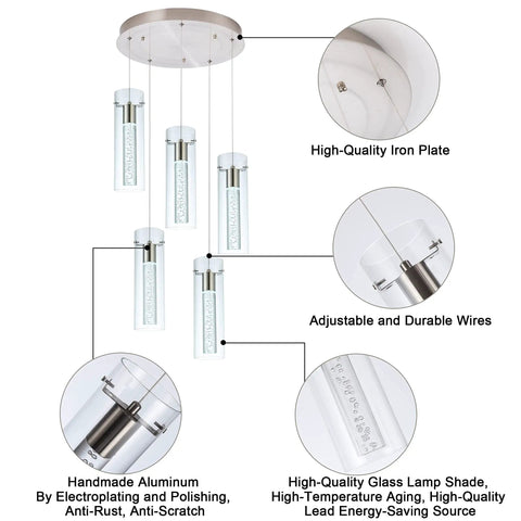 Components of Champagne Bubble Pendant Lights 5 Light Kitchen Island Fixture With Dimmable 40W Integrated LED Modern Ceiling Hanging Light.
