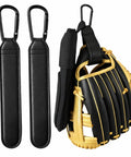 Two Pack Adjustable Baseball Glove Clips for Hanging Gear and Drying Bags with a baseball glove attached, black