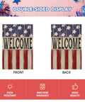 Front and back view of Patriotic 4th Of July Garden Flag 12x18 Double Sided Outdoor Welcome Yard Decor Stars And Stripes Memorial Day Weather Resistant Polyester Durable And Weatherproof For All Seasons With Easy Care, showcasing Welcome text with stars and stripes.
