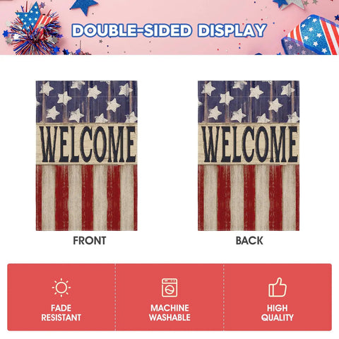 Front and back view of Patriotic 4th Of July Garden Flag 12x18 Double Sided Outdoor Welcome Yard Decor Stars And Stripes Memorial Day Weather Resistant Polyester Durable And Weatherproof For All Seasons With Easy Care, showcasing Welcome text with stars and stripes.