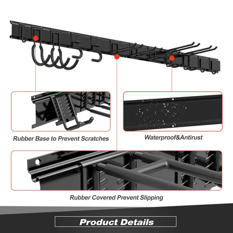 Heavy Duty Garage Tool Storage Rack Wall Mounted Organizer With 12 Double Hooks And 4 Rails Rubber Gripped Hangers detail view