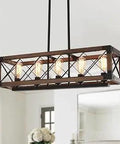 Lit 32 Inch 5 Light Farmhouse Linear Chandelier for Kitchen Island with rustic wood grain finish iron frame.