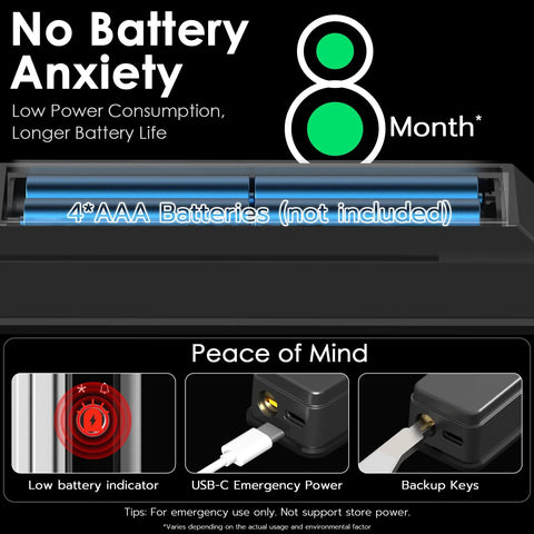 Slim Sliding Glass Door Lock With Biometric Fingerprint Remote App Control Keypad And RFID Access Electronic Digital Mortise Smart Lock For Double Hook Patio Sliding Doors 2085 Slim Fit Size Measure Before You Buy For Best Fit showing battery compartment with four AAA batteries, USB-C emergency power, backup keys, and low battery indicator.