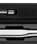 Half Inch Drive Click Torque Wrench 25-250 Ft-Lb Range in hard storage case with dual scale, Cr-V ratchet head, satin finish.