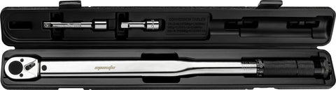 Half Inch Drive Click Torque Wrench 25-250 Ft-Lb Range in hard storage case with dual scale, Cr-V ratchet head, satin finish.