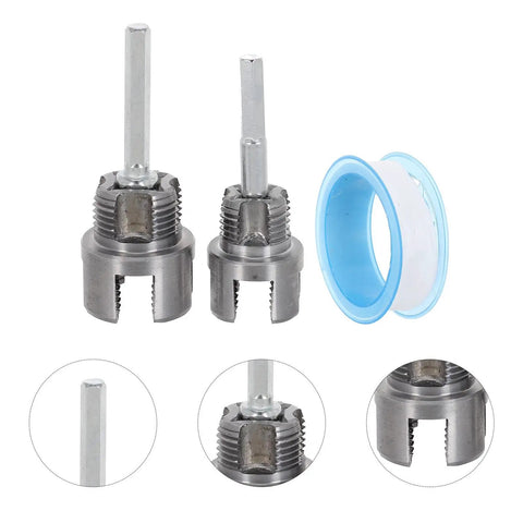 Dual Function External Pipe Threading Tool For PVC And Stainless Steel Pipes, One Half Inch And Three Quarter Inch Threader, Includes Seal Tape, Stable Cutting For DIY Home Plumbing Renovation And Construction Sites, Electric Drill Compatible, shown with 1/2 and 3/4 in heads